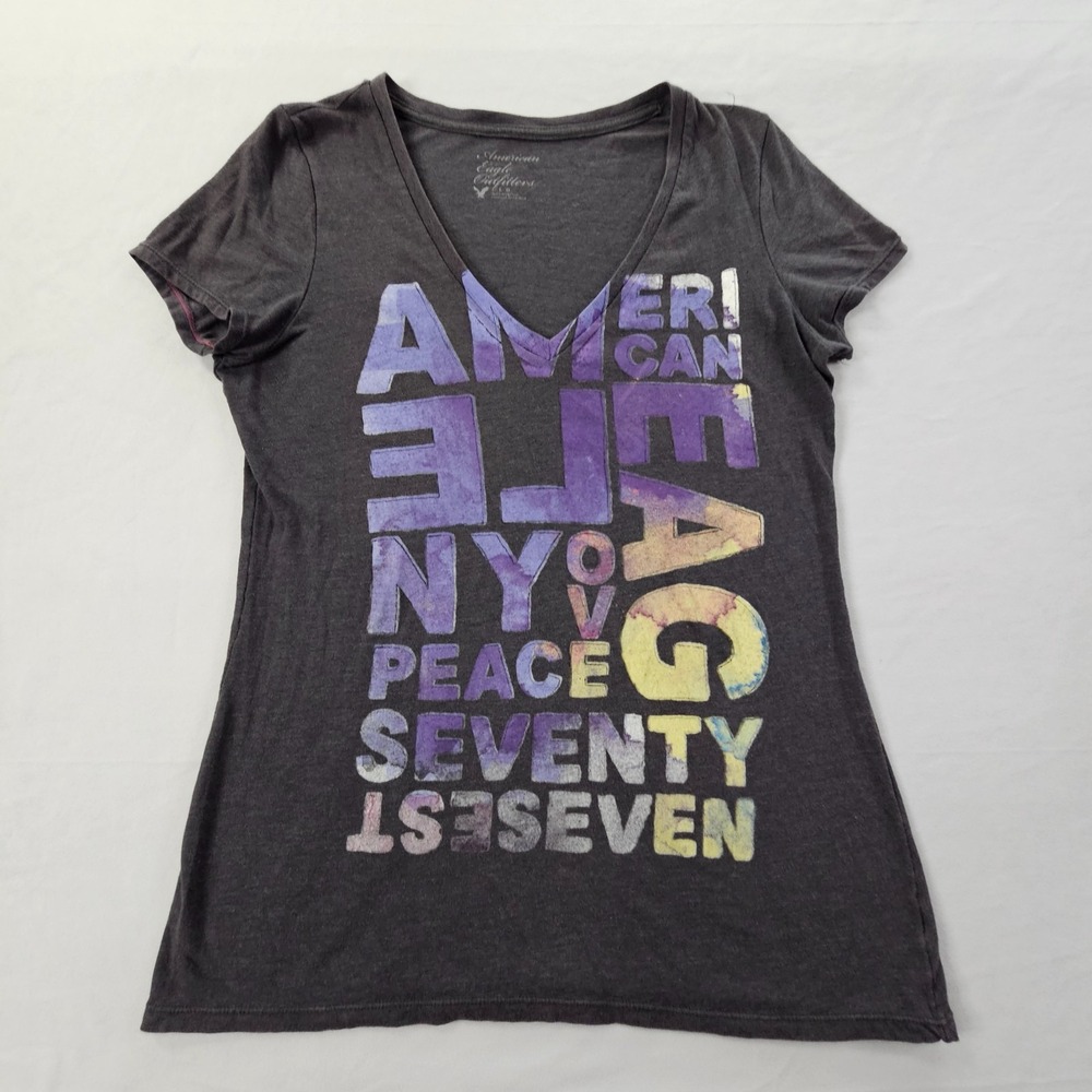 American Eagle NY Love Peace Gray Short Sleeve V-Neck T-Shirt Women's L